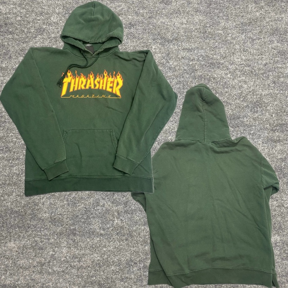 Y2K Thrasher Magazine Pine Green Flame Logo Hoodie Size Small